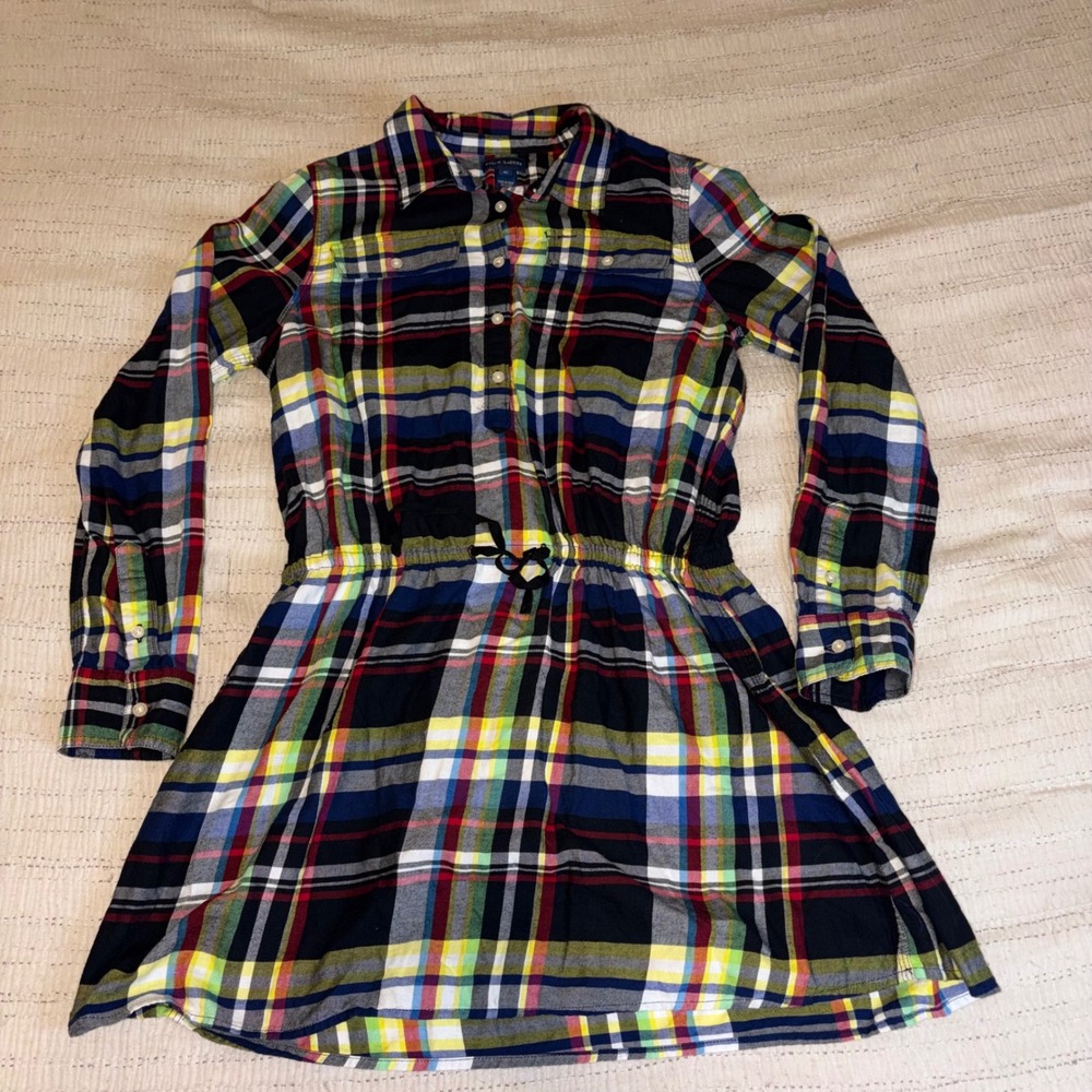 Ralph Lauren Girls Plaid Shirt Dress Multi-Color Tartan Button Front Size 16